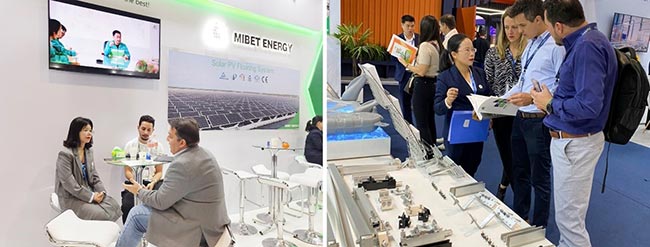 Am Mibet-Stand informieren sich Gäste über Solarmontageprodukte